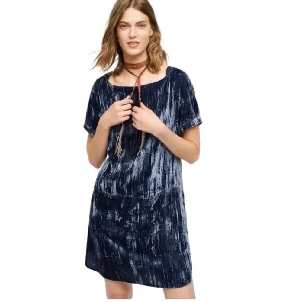 Anthropologie Floreat Blue Crushed Velvet Dress with Pockets size Small EUC